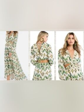 Allison NY Everly Bohemian Maxi Dress In Green/Cream/Blue Accents/Cut Outs: S